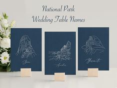 wedding table names are displayed on wooden stands with white flowers in the background and blue paper