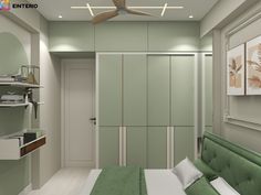 a bedroom with green walls and white bedding, ceiling fan and shelves on the wall