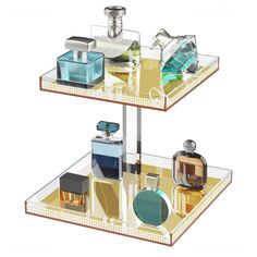 two glass shelves with perfume bottles on them