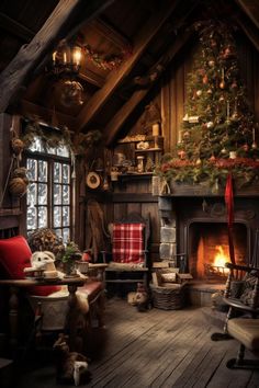 a living room filled with furniture and a fire place next to a window covered in christmas decorations