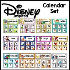 the disney calendar set is shown with numbers and characters for each month, including 1 - 3