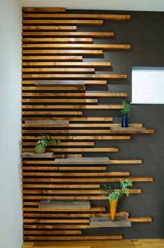 some plants are sitting on wooden shelves in front of a wall made out of wood slats