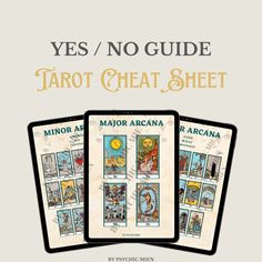 three tarot cards with the text, yes / no guide tarot heat sheet