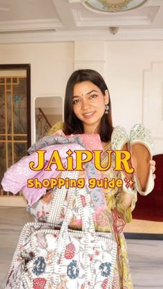 a woman is holding some shoes in her hand and smiling at the camera with text that reads jalpur shopping guide