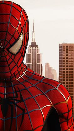 the amazing spider - man is in front of a cityscape with skyscrapers