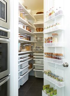 an open pantry with lots of food in it