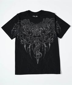 Add an edgy vibe to any outfit with the kid's Primal Tech t-shirt from Affliction. Landing in a black "Lava" colorway, this shirt has an eerie design displaying metal-inspired branding across the chest with three skulls wrapped in chain link. The back right side of the shirt has a subtle but noticeable upside-down "Le fleur de lis" logo in a grey colorway, tying the look together. Tech T Shirts