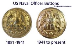 an image of two gold coins with different designs on each one and the words us naval officer buttons below it