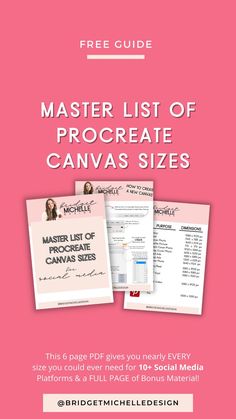 the master list of procreate canvass sizes is shown in pink and white