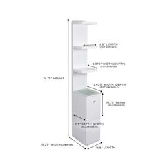 a tall white shelf with drawers and measurements for the top section, bottom portion, and bottom part