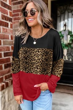 Color Block Blouse, Leopard Print Shirt, Autumn T Shirts, Round Neck Top, Cold Shoulder Blouse, Ladies Tee Shirts, Women Long Sleeve Tops, Trendy Shirts, Round Neck Tops