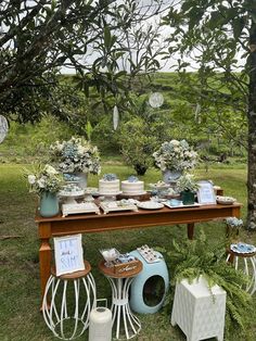 a table with plates and vases on it in the middle of a grassy area