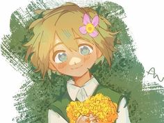 an anime character holding a bunch of flowers