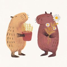 two animals with flowers in their hands are looking at each other's eyes and one is holding a flower pot