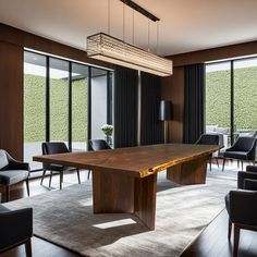 a large wooden table sitting in the middle of a living room