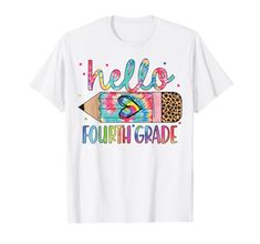 a white t - shirt with the words hello fourth grade written on it and an animal print