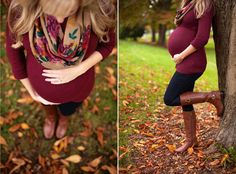 a pregnant woman standing next to a tree