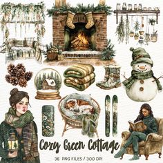 watercolor christmas clipart set with fireplace, stockings, snowman and other items