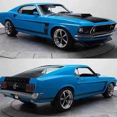 two pictures of a blue mustang muscle car