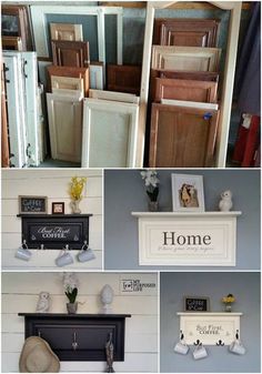 there are many different types of furniture in this collage, including cabinets and shelves