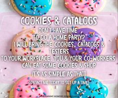 cookies and catalogs are displayed on a pink background with the words, don't have time to do a home party?