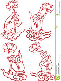 four red ink drawings of hands holding flowers