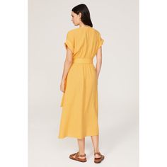 Yellow cotton (100% Cotton). Wrap. Short sleeves. V-neck. Tie closure. 50.5" from shoulder to hemline. Imported. V-neck Maxi Dress For Daytime, Relaxed Fit V-neck Dress With Tie Waist, Chic V-neck Maxi Dress For Daytime, Spring Cotton V-neck Dress With Short Sleeves, Daytime Linen V-neck Dress, Belted V-neck Dress For Summer, Cotton Belted Dress For Day Out, Belted V-neck Daywear Dresses, Summer V-neck Workwear Dress