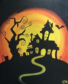 an acrylic painting of a spooky halloween house