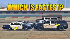 two police cars parked next to each other in front of an airport with the words which is fastest?