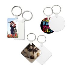 three different key chains, one with an image of a man and a dog on it