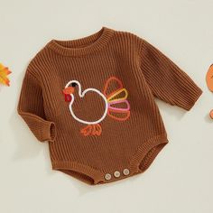 Kid Size: 18M Turkey Embroidery, Baby Thanksgiving, Thanksgiving Onesie, Casual Chiffon Dress, Romper Casual, Sweater Romper, Comfy Romper, Thanksgiving Sweater, Girls Thanksgiving