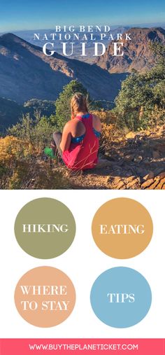 a woman sitting on top of a mountain with the words hike national park guide above her