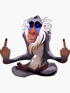 a cartoon monkey sitting on the ground with his hands in the air and two fingers out