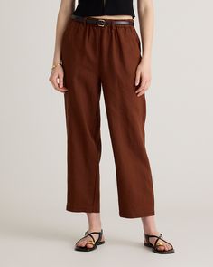 Women's 100% European Linen Pants Casual Relaxed Fit Pull-on Bottoms, Brown Relaxed Fit Bottoms For Leisure, Comfortable Leisure Brown Bottoms, Comfortable Brown Leisure Bottoms, Relaxed Fit Wide Leg Pants For Fall, Casual Brown Leisure Pants, Fall Wide Leg Pants With Elastic Waistband, Casual Brown Pants For Leisure, Relaxed Pull-on Trousers