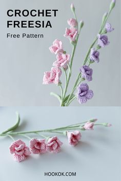 crochet freesia flower pattern with text overlay