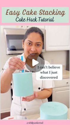 a woman holding a cake in her hand with the words easy cake stacking on it