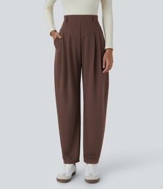 Discover Women’s Ribbed High Waisted Plicated Side Pocket Barrel Leg Work Pants at Halara, Crowd-Approved Affordable Choices Made For What Moves You. Leg Work, Ribbed Fabric, Work Pants, Side Pocket, Chestnut, Barrel, Trousers, High Waisted, Crop Tops