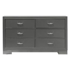 a gray dresser with six drawers and two doors