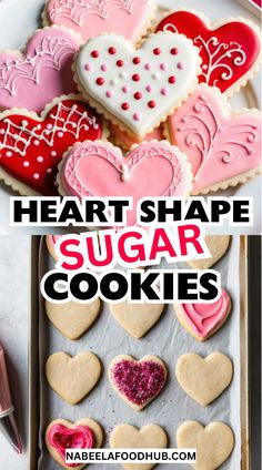 heart shaped sugar cookies on a plate with the words, heart shape sugar cookies above them