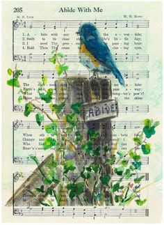 a blue bird sitting on top of a wooden post surrounded by music sheets and leaves