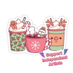 two cups filled with hot chocolate and marshmallows next to each other, the words support independent artists