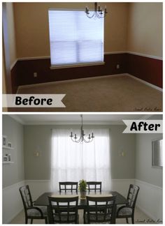 before and after photos of a dining room with white walls, dark wood floors and beige carpet