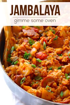 a close up of food in a pan with the words jambalya on it