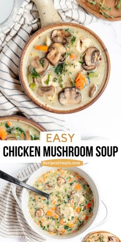 chicken mushroom soup with carrots and spinach in a bowl