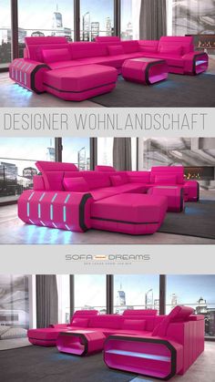 three different views of a pink couch in a living room