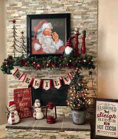 a mantel decorated with christmas decorations and stockings