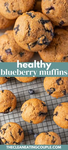 healthy blueberry muffins on a cooling rack with text overlay reading healthy blueberry muffins