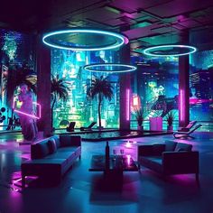 a room filled with lots of furniture and neon lights