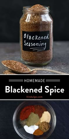 homemade blackened spice in a glass jar with spoons on the side and labeled seasoned seasoning