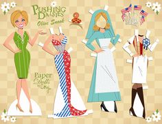 three paper dolls are dressed up in dresses and hats, one is wearing an american flag hat